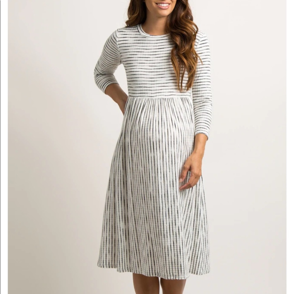 Ivory Striped Maternity Midi Dress